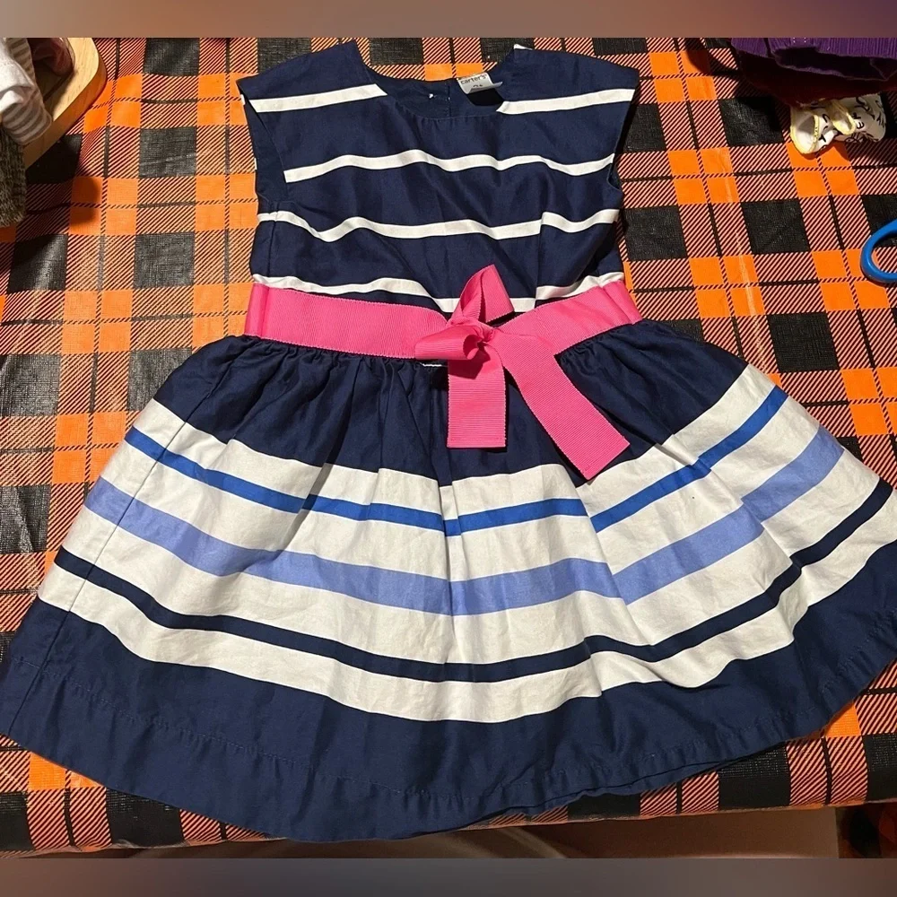 Carter’s Girls Navy & White Striped Dress with Pink Sash Size 2T EUC! 🩵🩷💙